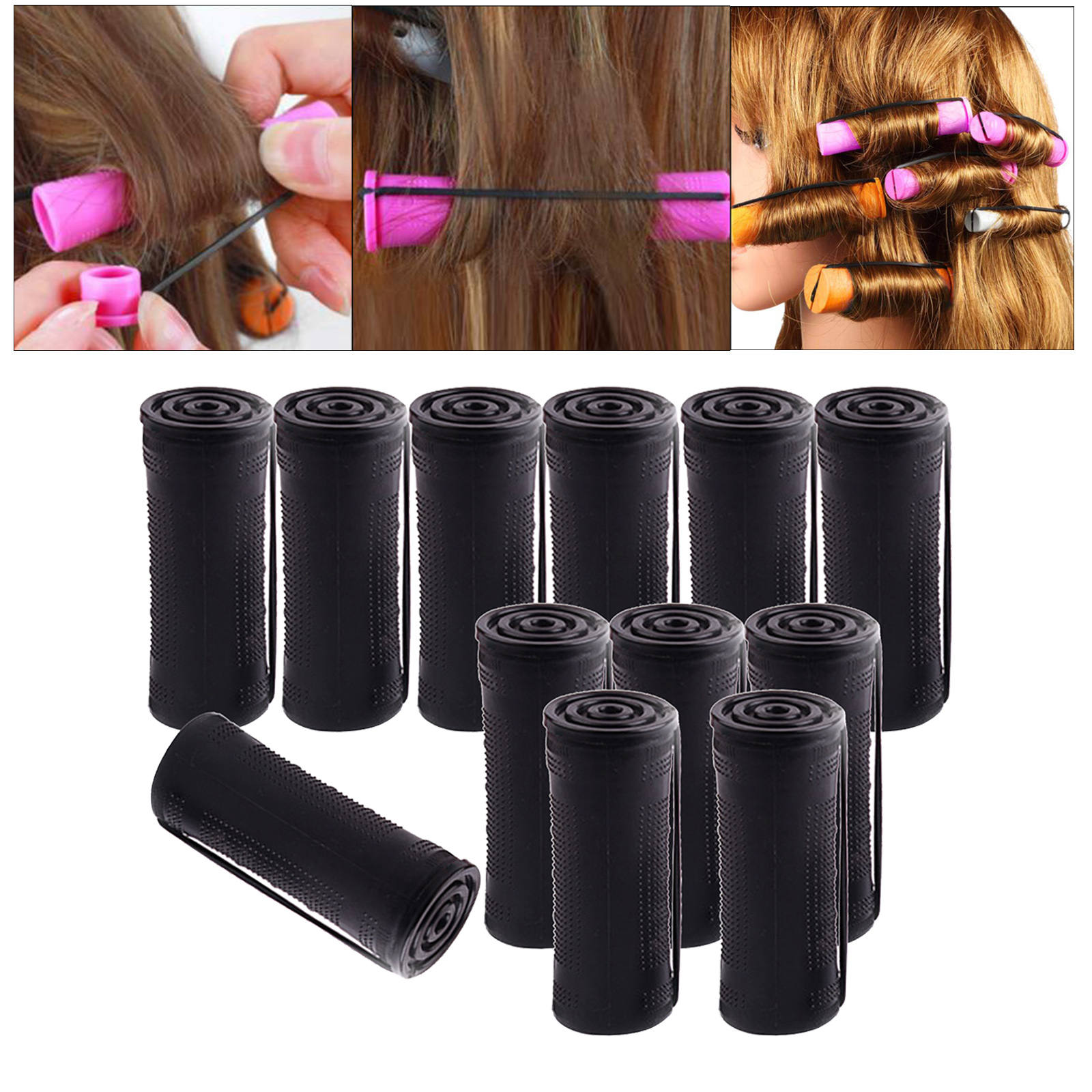 Varillas para rizar el cabello para mujer, rodillos de pelo largo y corto sin calor, herramientas de peluquería con banda de goma, 1 paquete: 12Pcs 3.0m