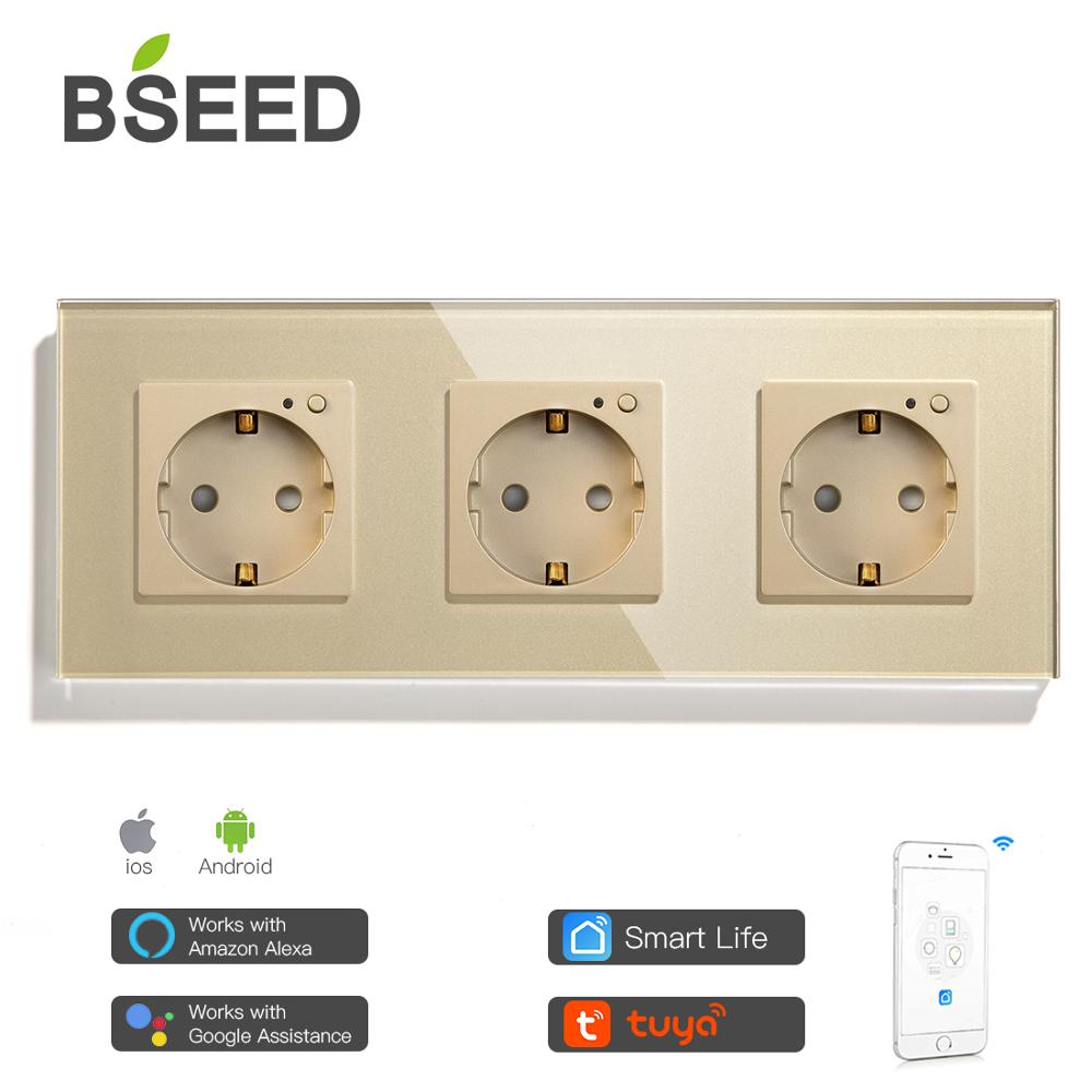 BSEED Single WIFI Power EU Sockets Double Smart Google Alexa Wall Sockets 16A Triple Glass Crystal App Sockets On/Off Switches: Triple Socket Golden