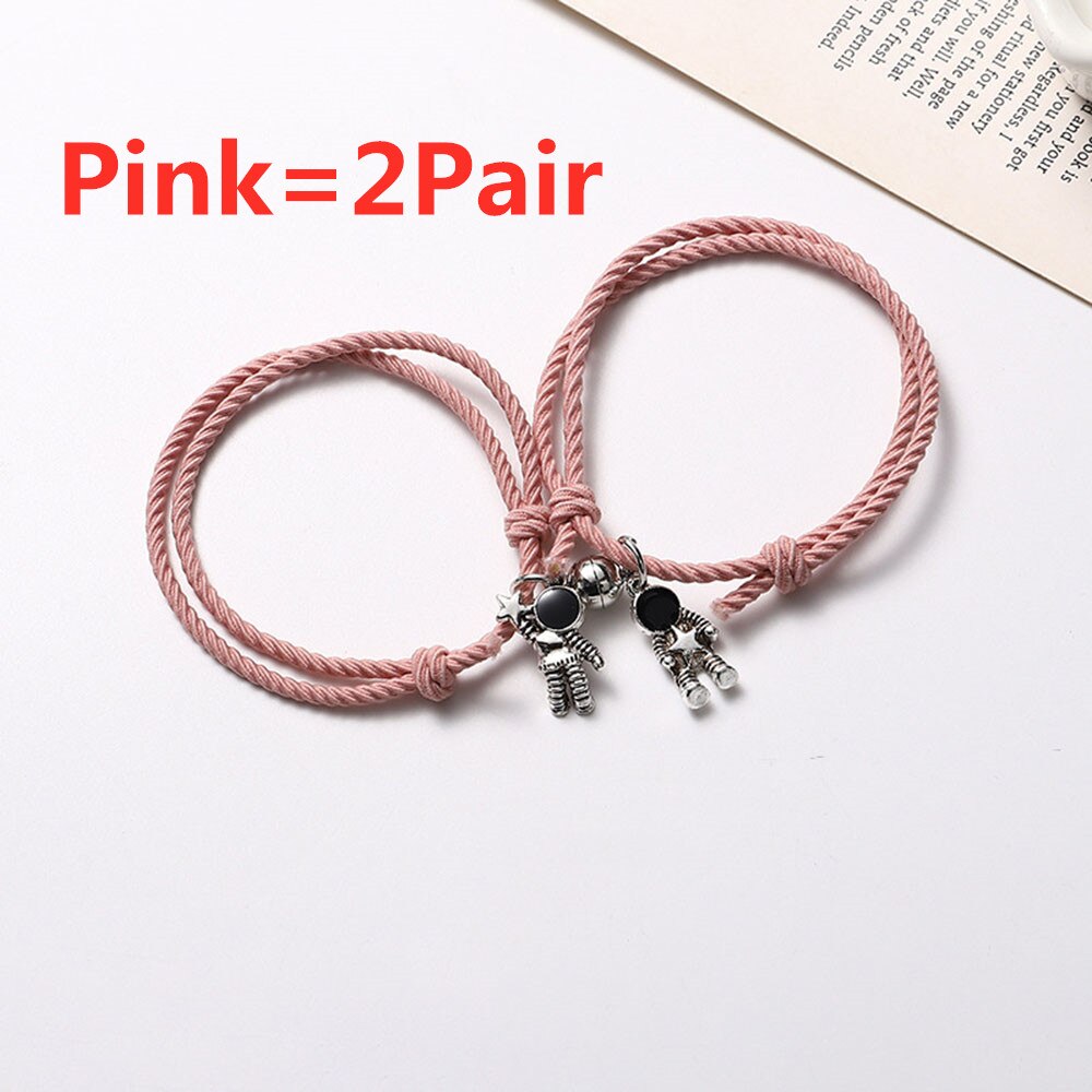 1/2 pary para bransoletka astronauta mała gumowa zespół, aby wysłać dziewczynę chłopak magnes kamień dzwon bransoletka wiązane głowy liny: Pink-2Pair
