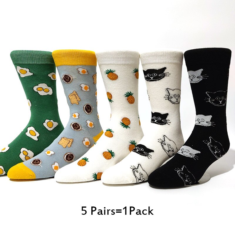 5 Paires/pack Happy Socks D'avocat Sushi Omelette Burger Pomme Nourriture Drôle Coton Chaussettes Femmes Chaussette Longue Hiver Femme: 5 Pairs-3