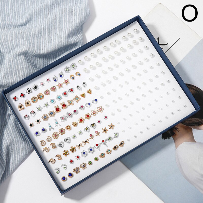 100 Pairs Boxed Leuke Oorbellen Gemengde Stijlen Kristal Kleine Stud Oorbellen Sets Meisje Geometrische Plastic Oorbellen Voor Vrouwen Sieraden: O