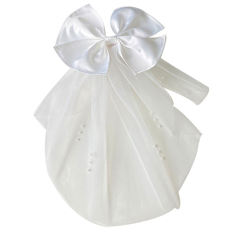 Vrouwen Korte Tule Bruidssluier Bruiloft Sluier Met Clip Boog-knoop Lint Rand Voor Bruid Bloem Meisje Wedding Party fotografie (Wit)