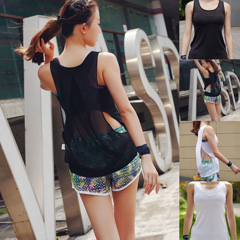 Women Summer Yoga Sports Sleeveless Tank Top Hollow Out Back Breathable Mesh Splicing Vest Workout Fitness Gym Shirts