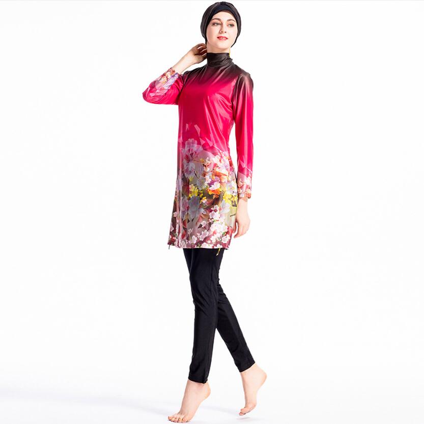 Bañador estampado para mujer, Burkini chino rojo, trajes de baño completos de manga larga, traje de baño musulmán Floral, S-4XL de pesca