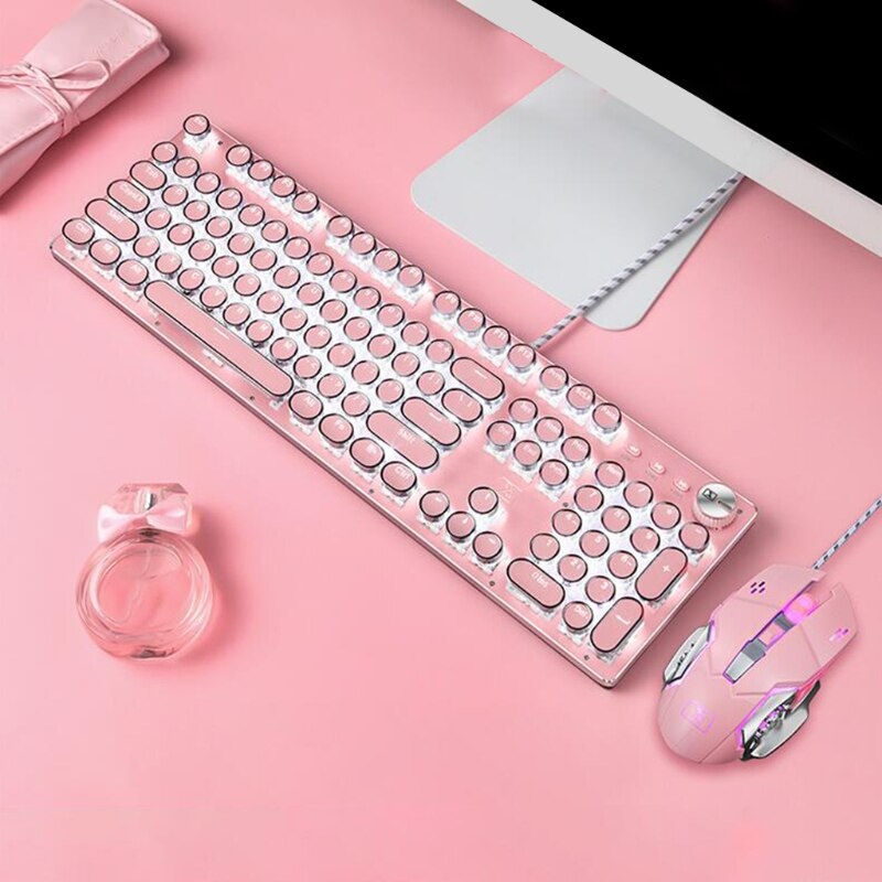 Retro Punk Mechanical Lipstick Metal Keyboard Mouse Set Round Key for Laptop Desktop Computer Keyboard Accessories