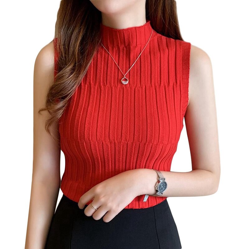 T-shirt col roulé sans manches pour femme, haut moulant en tricot, de , collection été automne: RD