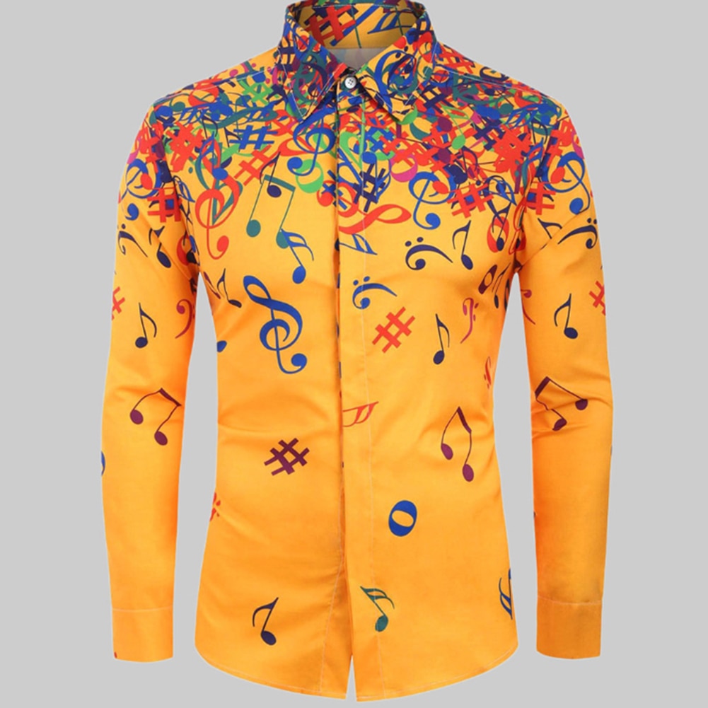 Casual Men Autumn Musical Symbols Print Long Sleeve Buttons Down Slim Shirt