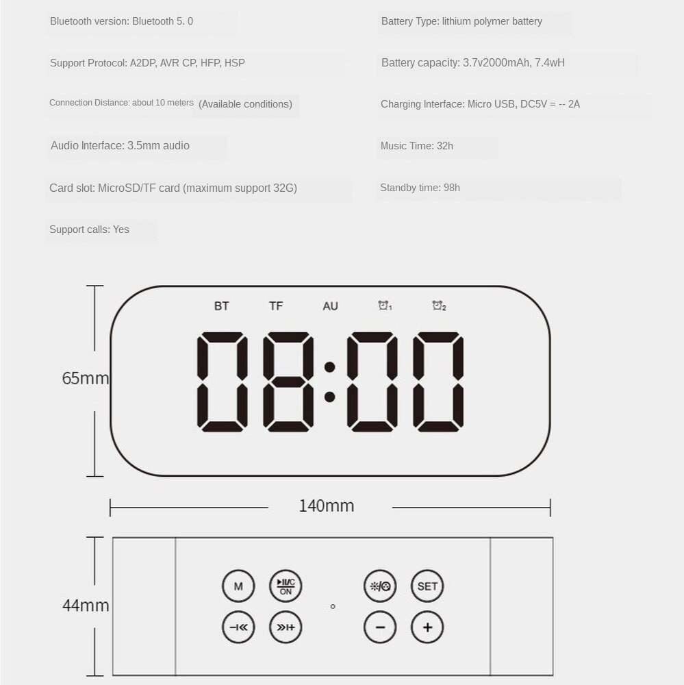 Alarm Clock Digital with Snooze Function Wireless Bluetooth Speaker Alarm Color Luminous Led Mirror Reveil