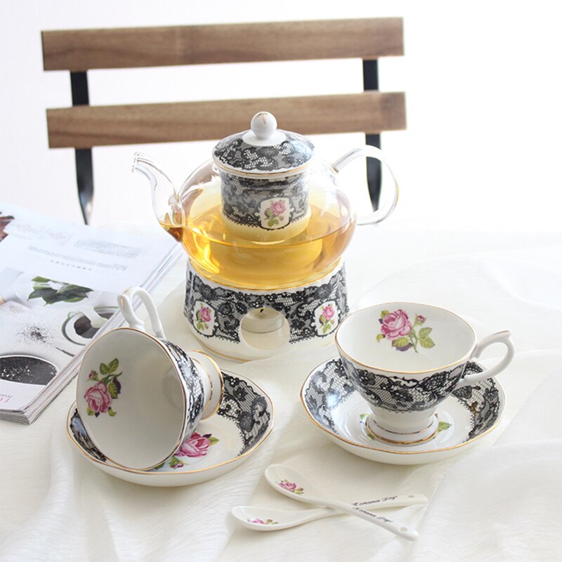 British Afternoon Tea Coffee Cup Set Bone china Cake pan Heat-resistant Glass Teapot Heating Flower Tea set Kitchen Accessories