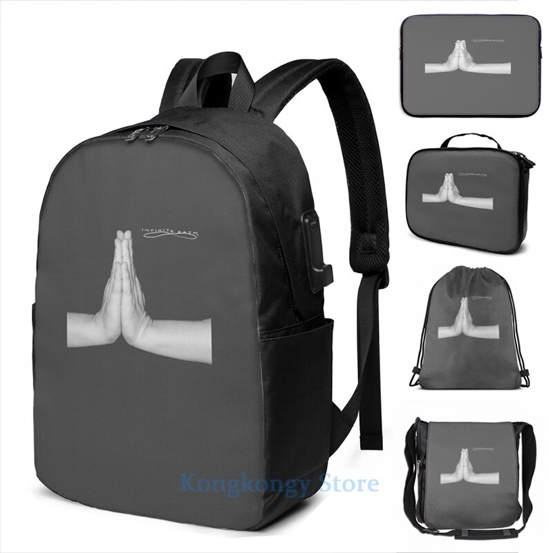 Divertido estampado gráfico Namaste (gesto de respeto) mochila con carga USB para hombres, mochilas escolares para mujeres, bolsa de viaje para ordenador portátil