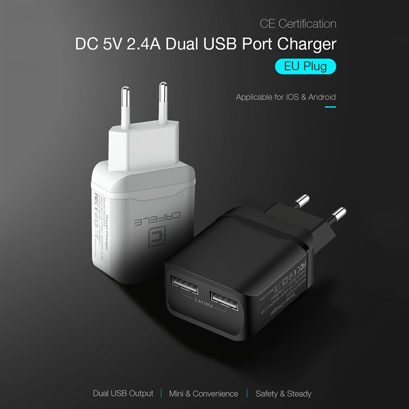 CAFELE EU Charger Plug Travel USB 2.4A Dual output Universal Adapter Charger Smart Phone Charger with 2 in 1 Retractable cable