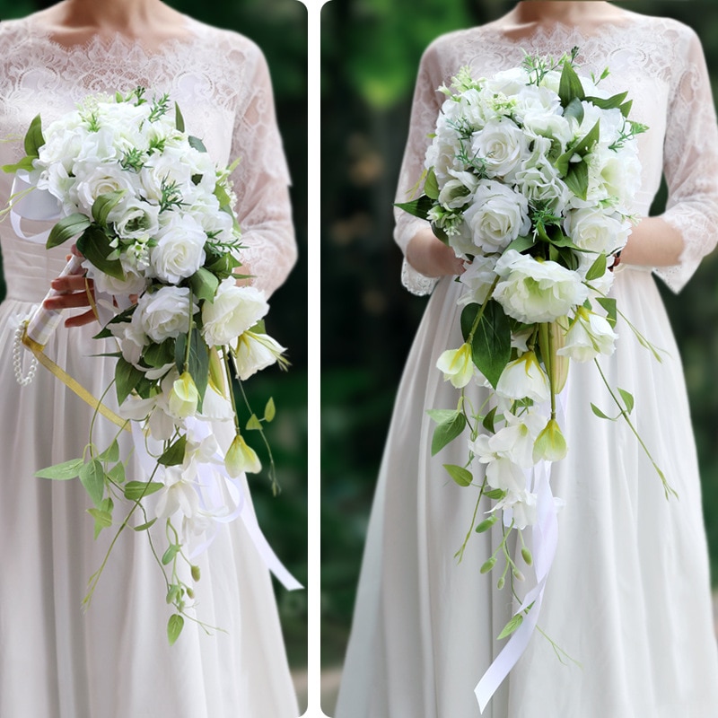 Bouquet de fleurs avec nœud vert et blanc, chute d&#39;eau, pour mariée, pour mariage, WAS10154