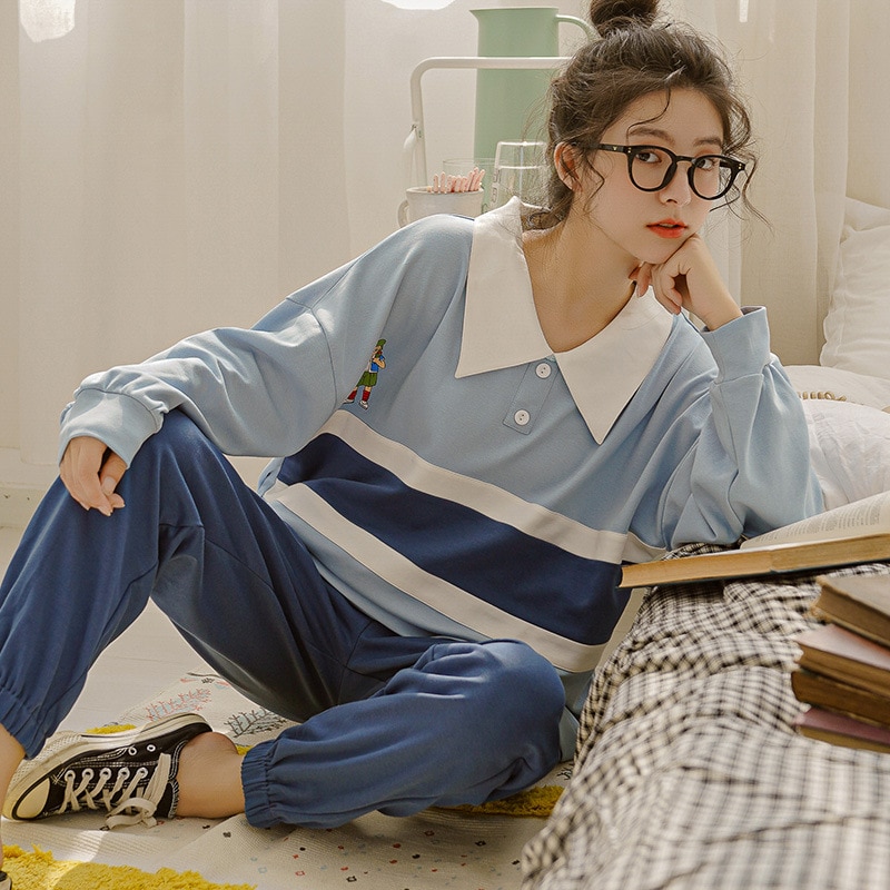 Pijamas nuevos de algodón de manga larga para mujer, ropa exterior de estilo coreano, suelta e informal, de talla grande, para el hogar, primavera y otoño