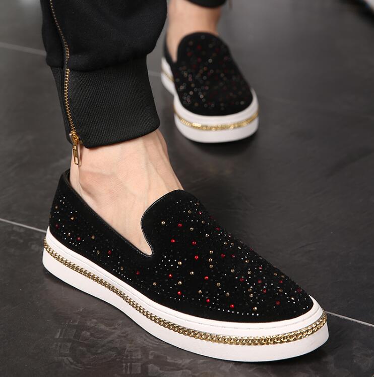 Mocasines con diamantes de imitación para hombre, mocasines con tachuelas, zapatos de fondo grueso, zapatos de de boda, color negro,: 39