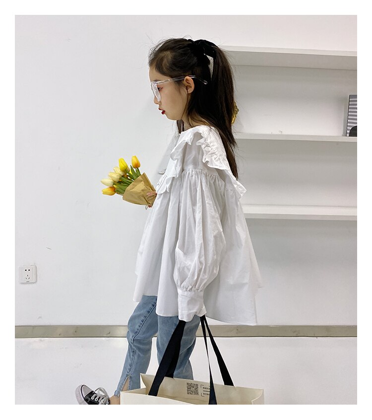 Los niños volantes camisa de manga larga de Primavera de nueva Otoño blusas niños tops chica ropa 4-14Y ws1979