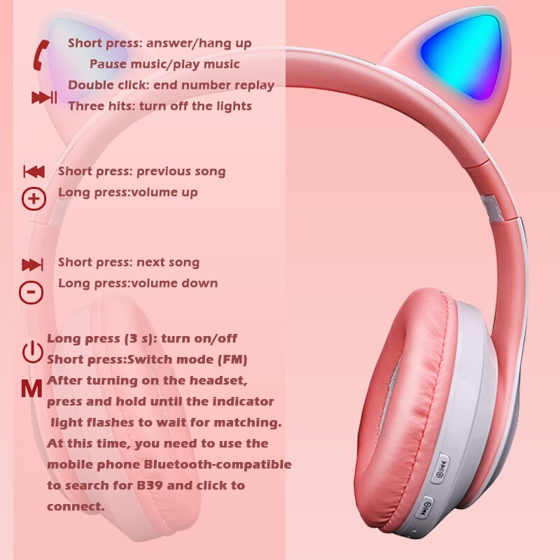 Różowe słodkie kocie uszy bezprzewodowe słuchawki zestaw słuchawkowy zgodny z Bluetooth Stereofoniczne składane słuchawki z mikrofonem muzyka prezent dla dziewczynki
