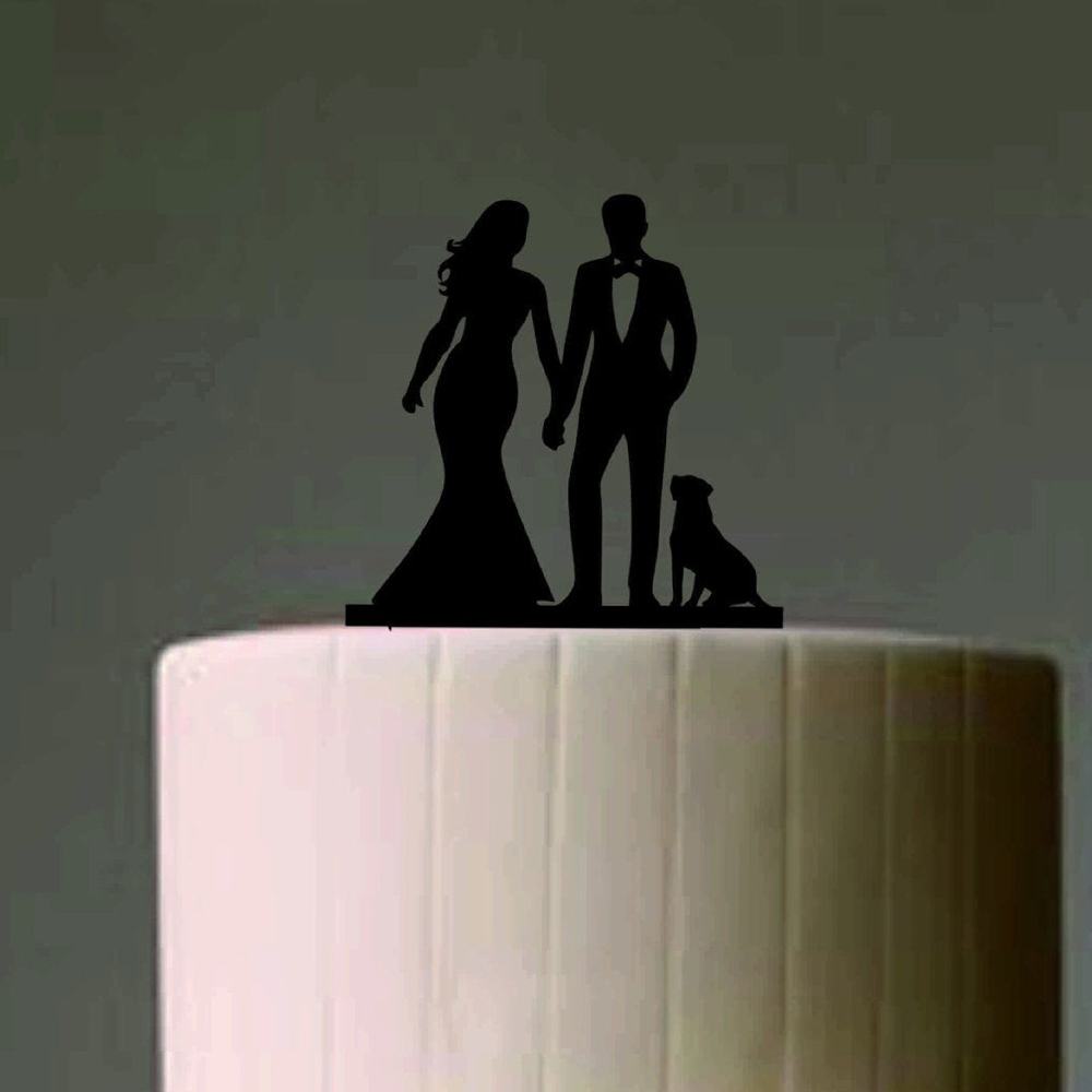 Bride and Groom Wedding Cake Topper with a dog, Unique And Funny, Mr And Mrs Holding Hands Wedding Cake Topper, Anniversary