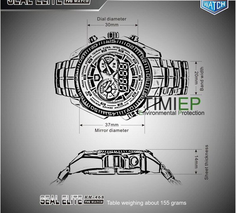 TVG Hight Quality Rvs heren Klok Blauwe LED Pointer Horloge Mens 30AM Waterdichte sport horloge