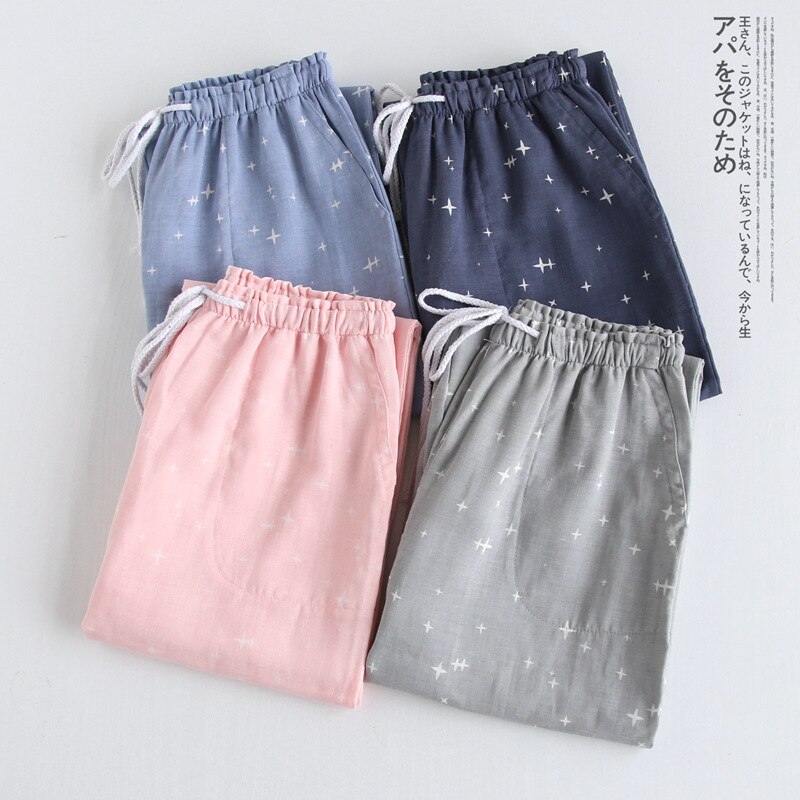 Herfst Katoen Dubbel Gaas Sleep Bottoms Paar Eenvoudige Sterren Pyjamabroek Vrouwen Losse Lounge Dragen Elastische Taille Thuis Kleren
