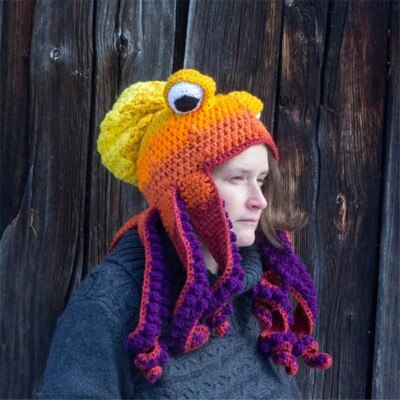 Bläckfisk skägg hand väva sticka ull hattar män jul cosplay fest rolig knepig huvudbonad vinter varm par hatt: Gul lila