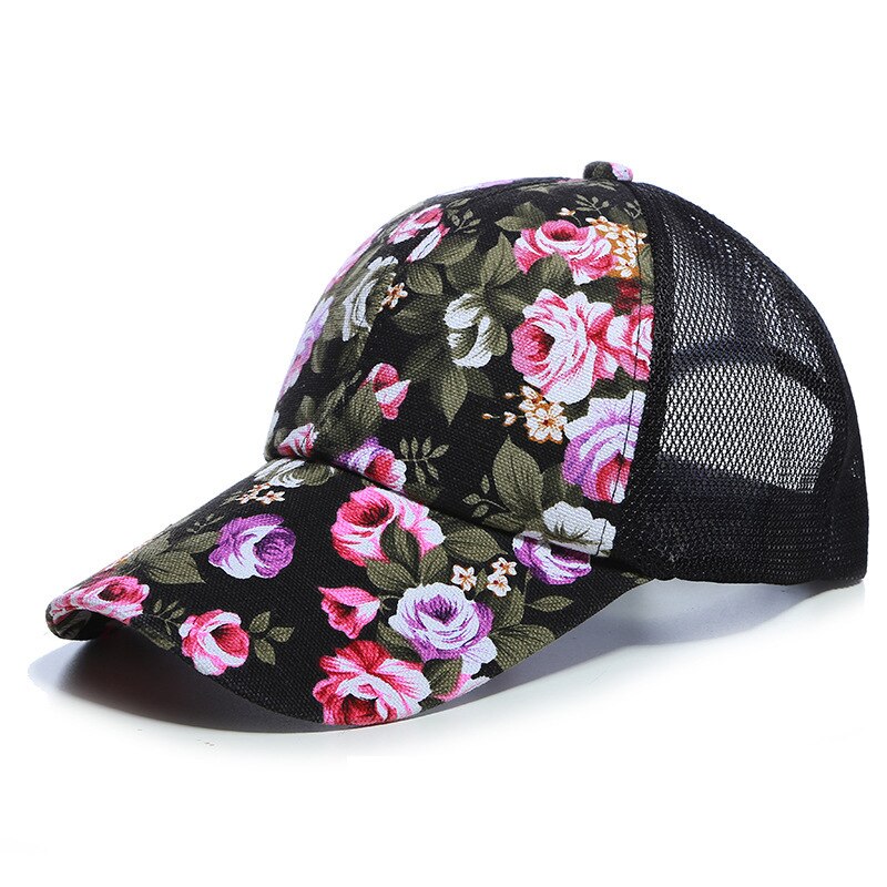 Womens Zomer Caps Netto Trucker Hoed met Gedrukte Bloemen Zwart Rood Blauw Paars: Black