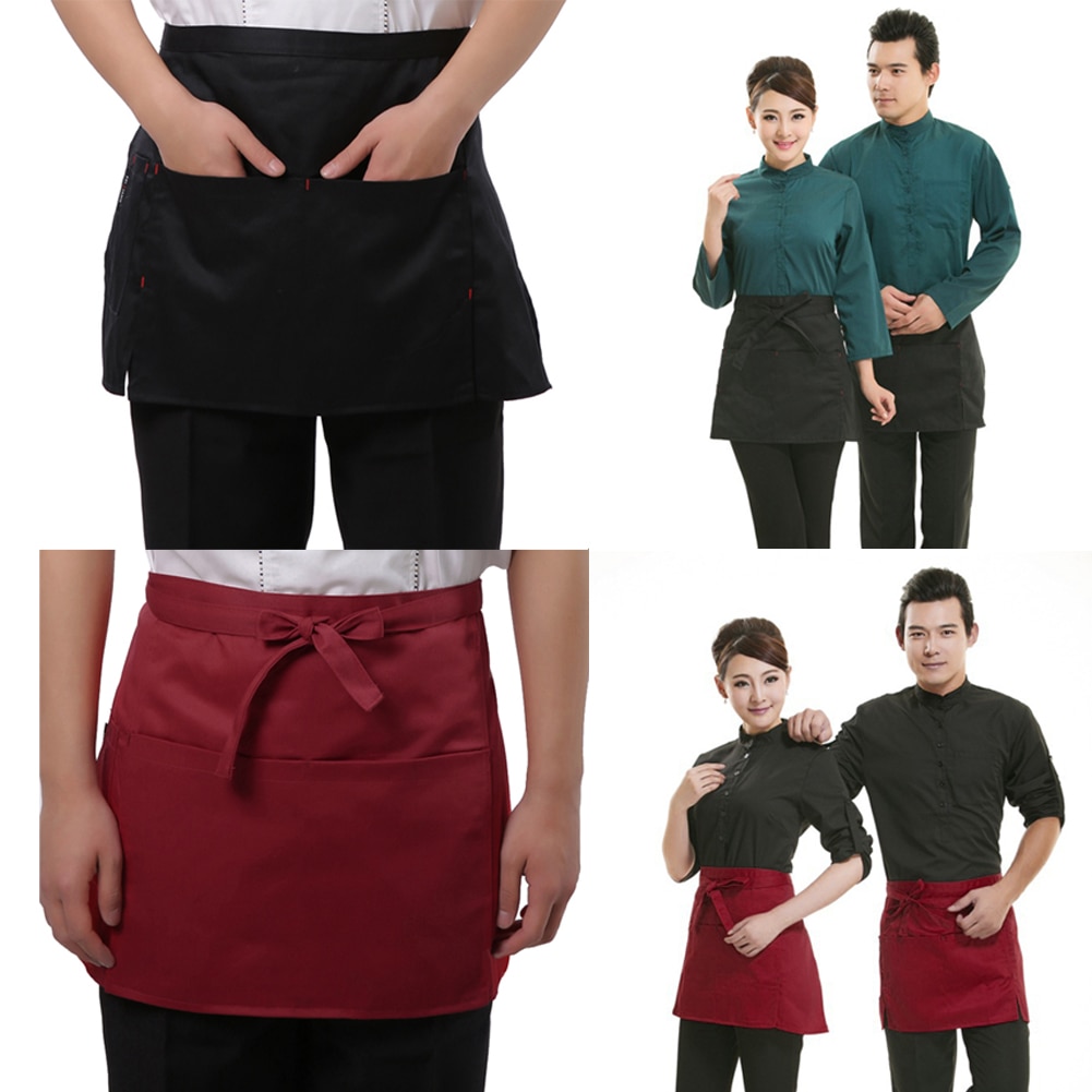 4 Style Universal Unisex Half Bust Bib Apron Restaurant Kitchen Coffee Tea Shop Waitress Uniforms Waist Short Apron With Pockets