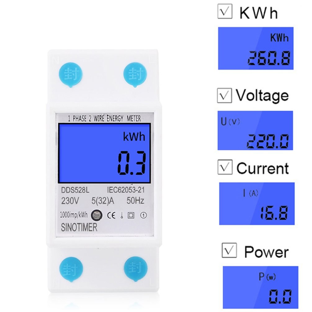 SINOTIMER Single Phase Energy Meter Home DIN Rail LCD Digital No Reset kWh Voltage Current Power Consumption Meter Wattmeter