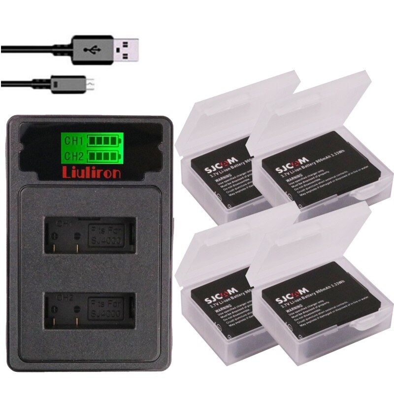 900mah SJCAM SJ4000 batería + cargador para SJCAM sj4000 sj 4000 SJ5000 6000, 7000 de 8000 sj9000 SJ cam M10 acción batería de cámara: charger and 4battery