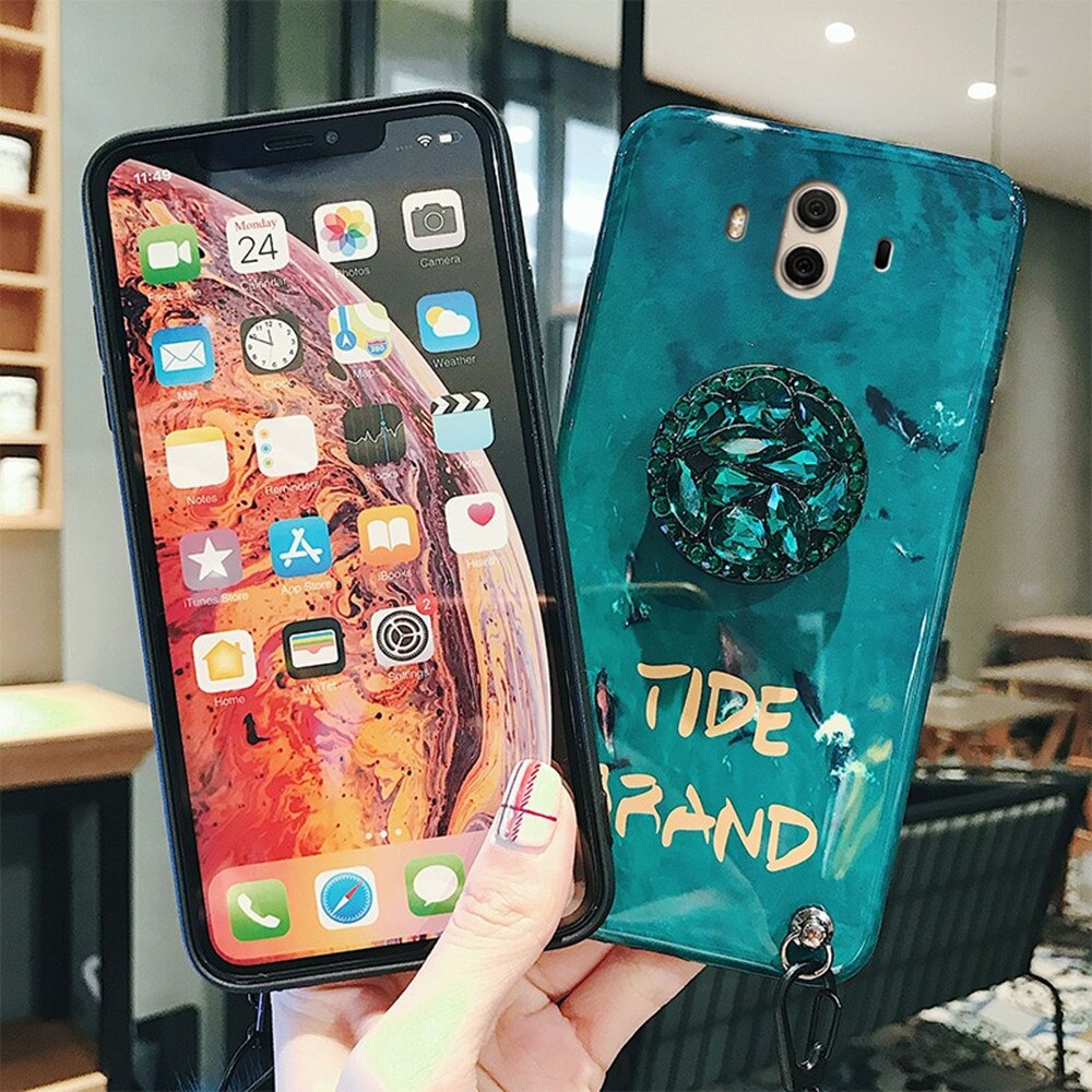 Dla Huawei Mate 20 Pro Mate 30 Lite Mate 30 20X 5g 10 9 Pro Y6 Y7 Y9 2019 Rhinestone uchwyt Vintage Emerald Hairball Back Case
