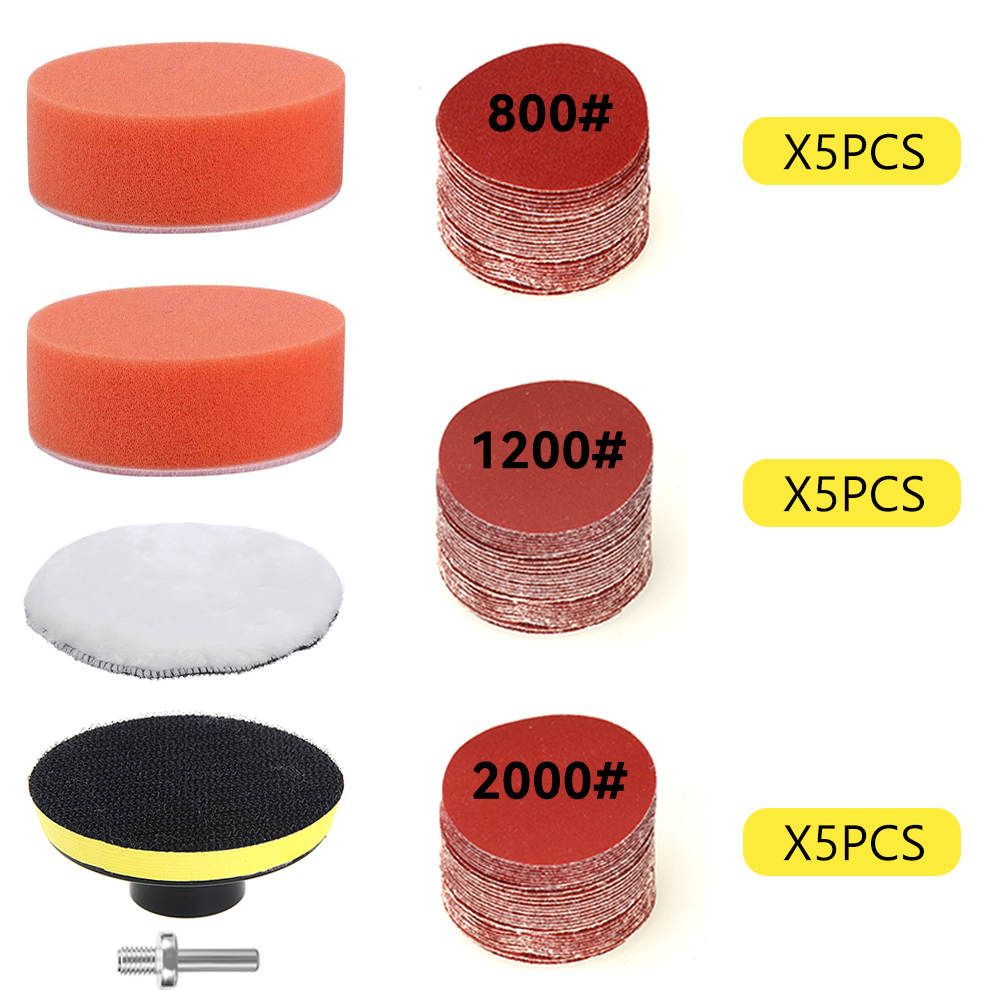 Kit de restauración de faros, herramientas de renovación de limpieza y lavado de detalles de coches, papel de lija, esponja para encerar, almohadilla de pulido, disco de lijado: Plata