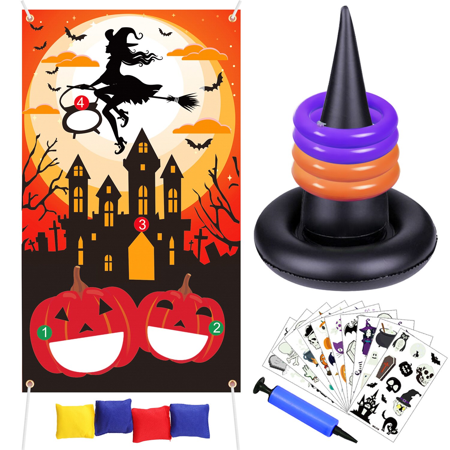 Besegad Halloween Gioco di Lancio kit Gonfiabile ragno Cappello Anello lanciare impostato con Sacchi di fagioli Lancio Gioco impostato per la Festa di Halloween forniture: B