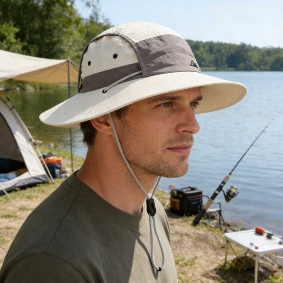 Ein faltbarer, leichter, schnell trocknender, sonnenschützender Fischerhut mit Farbblock. unisex-Stil mit großer Krempe für atmungsaktiven Sonnenschutz. Geeignet für draussen-Aktivitäzehn, Wandern, Angeln und Höhle täglichen Freizeitgebrauch.