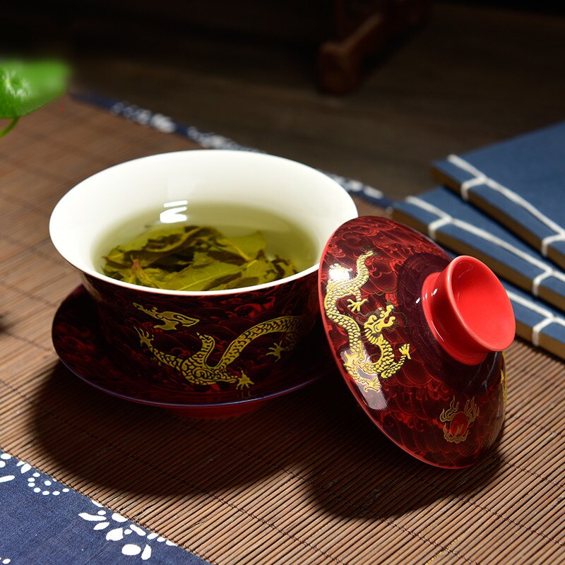 Retro Dragon Tea Maker Chinese Gaiwan Tea Cup 200ml Tureen Jingdezhen White and Blue Porcelain Teaware Cups and Saucer Sets