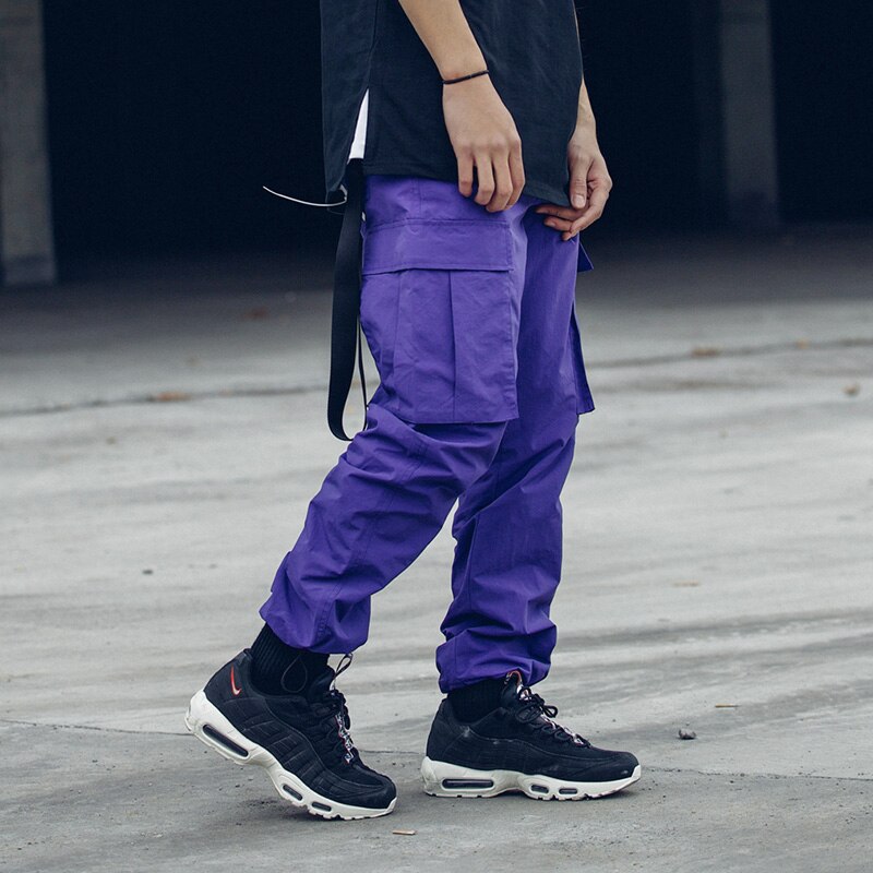Cargo pantalon hommes Streetwear Joggers violet pantalon couleur unie Cargo pantalon mâle DG139