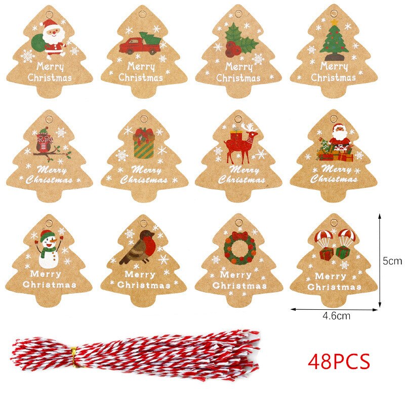 48 stk god jul diy kraft tags etiketter indpakningspapir hængemærker julemanden papirkort xmas festartikler: Træmærker rødt reb