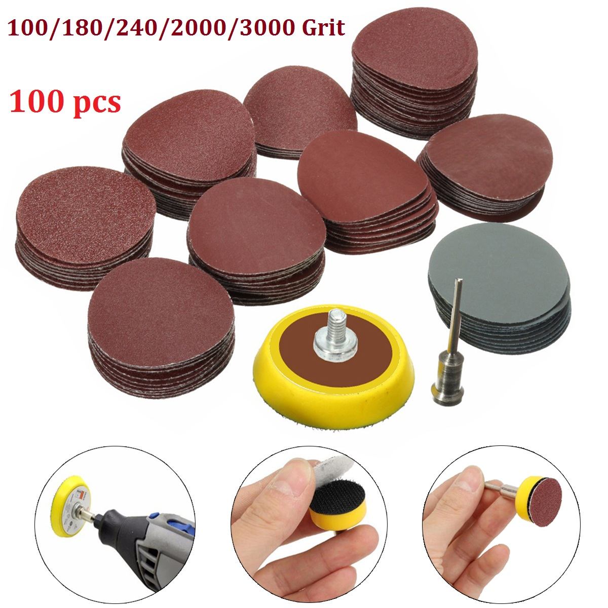 Papel de lija de 25mm/1 pulgada + 1 Uds. Placa de respaldo de bucle de gancho de 1 pulgada vástago de 1/8 pulgadas + 1 Uds. Almohadilla de lijado de bucle, abrasivos, pulido mixto, 100 Uds.