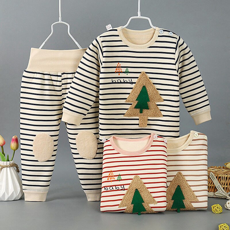 Herfst Winter Kinderen Fleece Pyjama Pak Jongens Baby Meisjes Streep Knop Vest + Broek Kinderen Comfortabele Warm Homewear