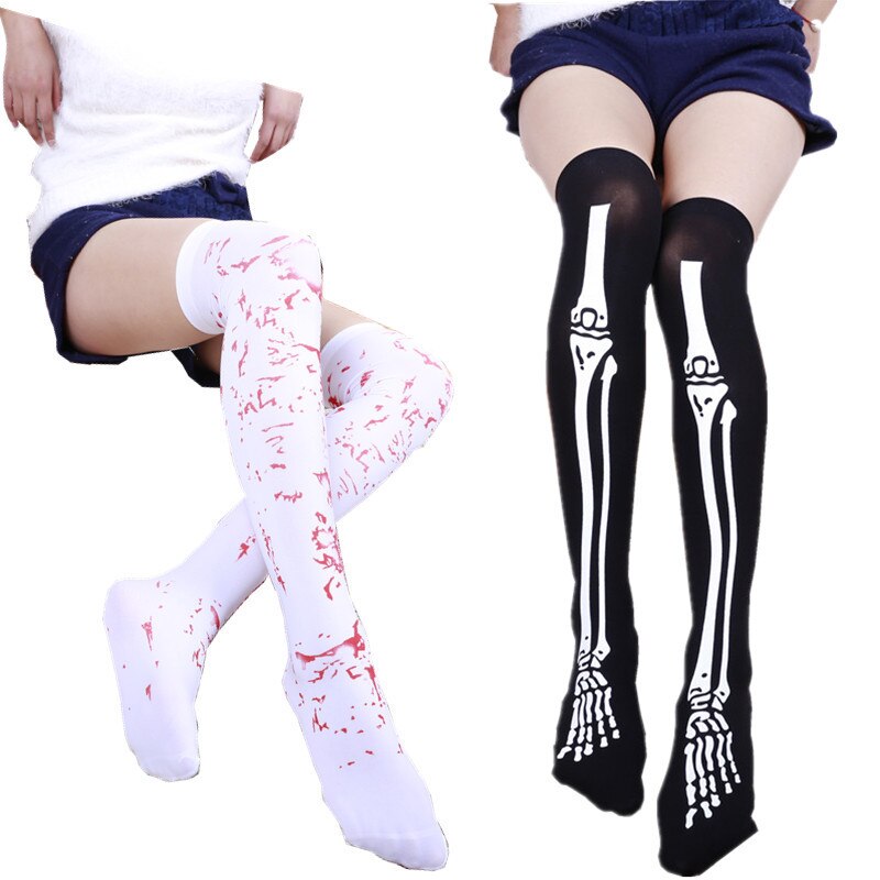 Chaussettes respirantes amusantes pour femmes, Cosplay Halloween, créativité japonaise, bas d&#39;infirmière des os, sang au dessus du genou, en Nylon et velours, Sukka