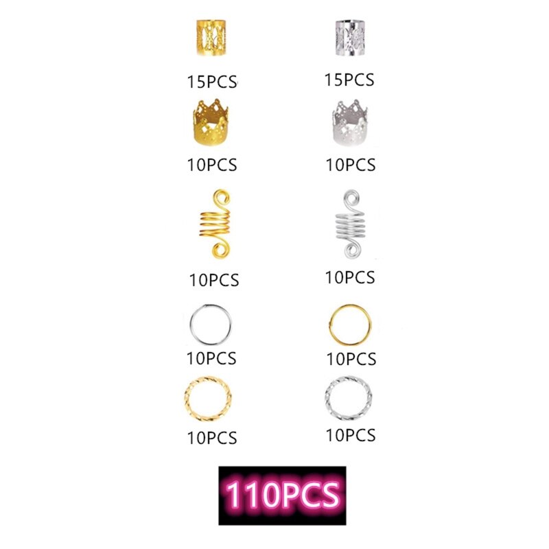 Hair Braid Cuff Set of 110 Hair Braid Dreadlock Beads Cuffs Clips Braid Spiral Braid Hair Extension for Woman Hair