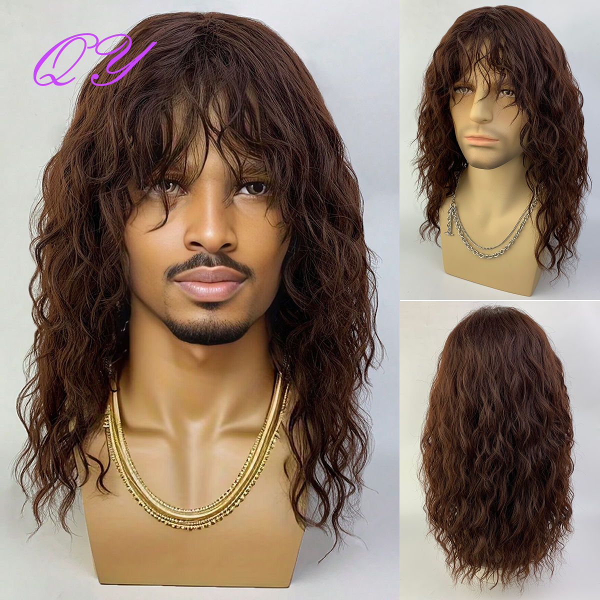 Peluca sintética para hombre, peluca larga marrón Natural rizada Rock Man con flequillo para o Cosplay, peluca de pelo masculino con ondas de agua ajustables