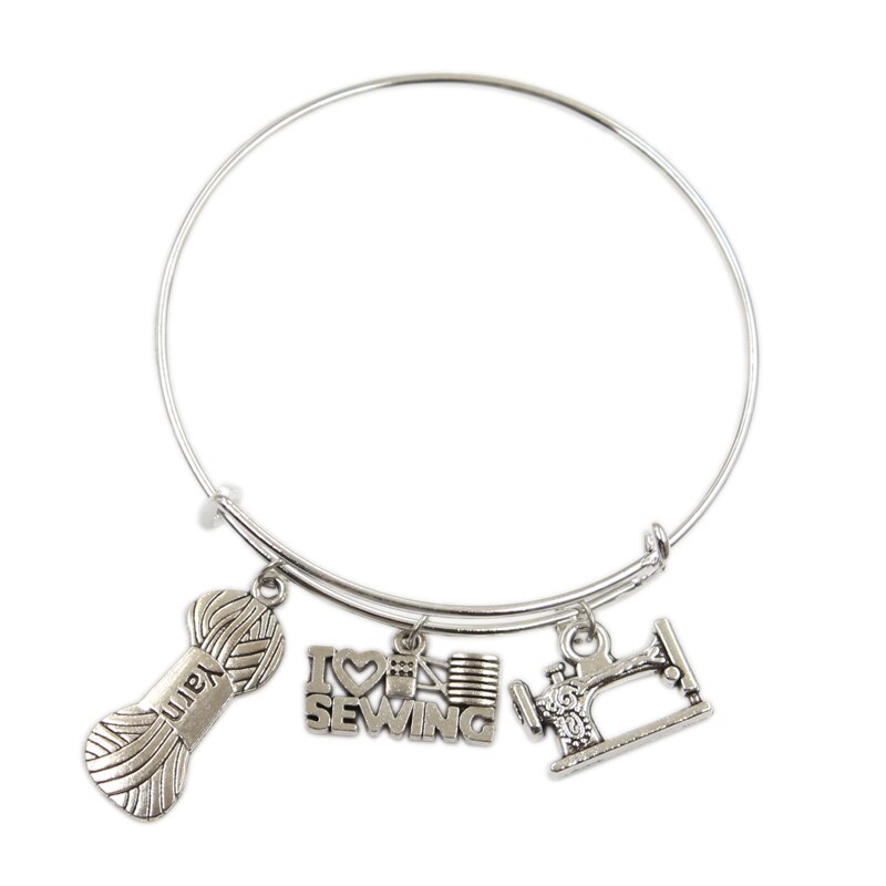 Zilverkleurig metaal dames vintage ik hou van breien naaimachine garen schaar bedels accessoire mannen armbanden sieraden: Type 8
