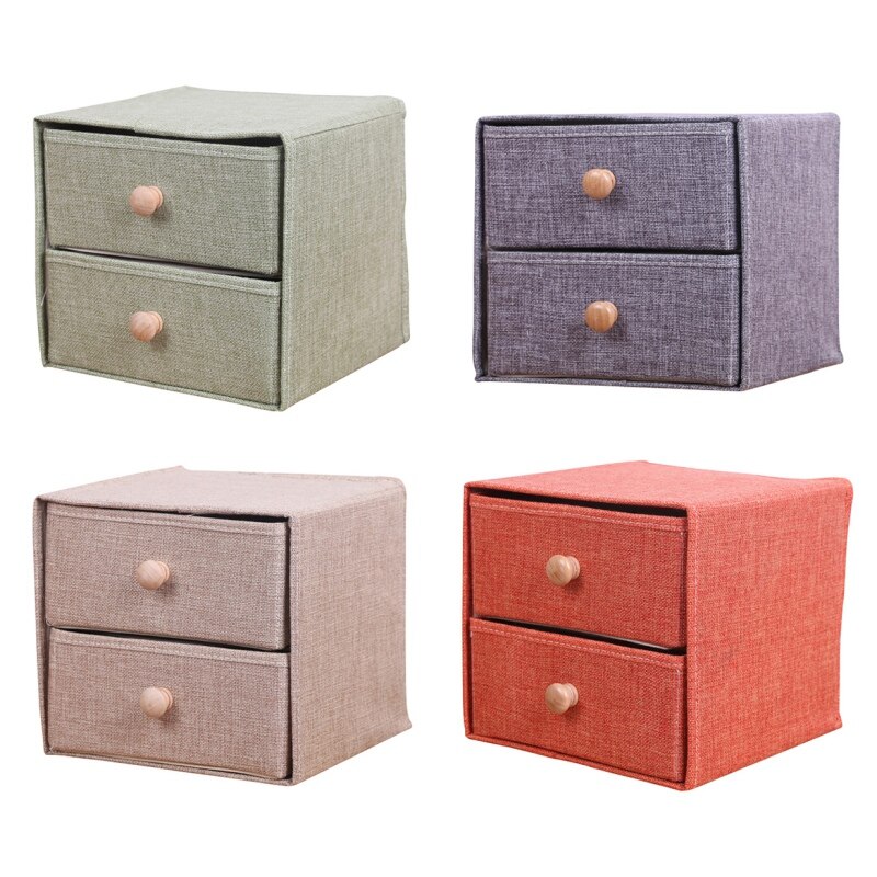 Household Linen Fabric Drawer Desktop Cosmetic Storage Drawer Wooden Handle Linen Double Storage Box Foldable Storage Box
