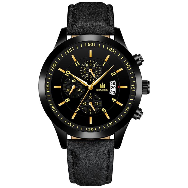 Shaarms herenhorloge met zwarte leren band, quartz polshorloge, sporthorloge voor heren, relogio masculino, reloj hombre: C