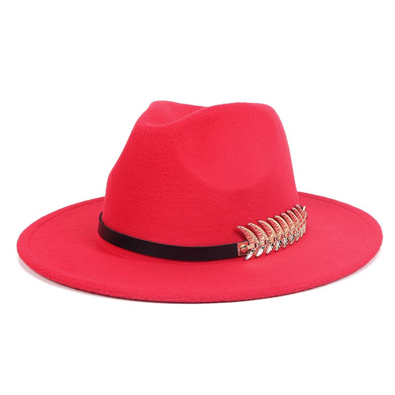 Efterår vinter bred skygge fedora hat kvinder mænd med bælte panama jazz kasket trilby filt vintage hatte chapeau feutre homme: Rød