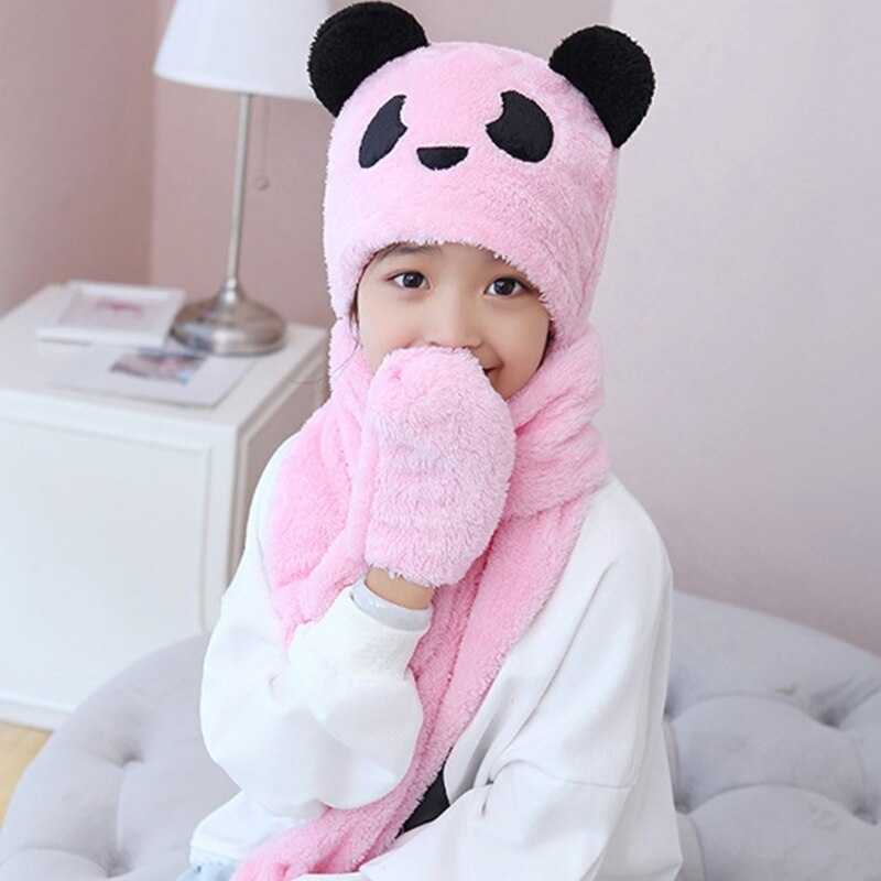 Peuter kinderen baby winter 3 in 1 muts lange sjaal handschoenen set panda dierenoren dikke pluizige pluche hoodie oorklep muts nekwarmer