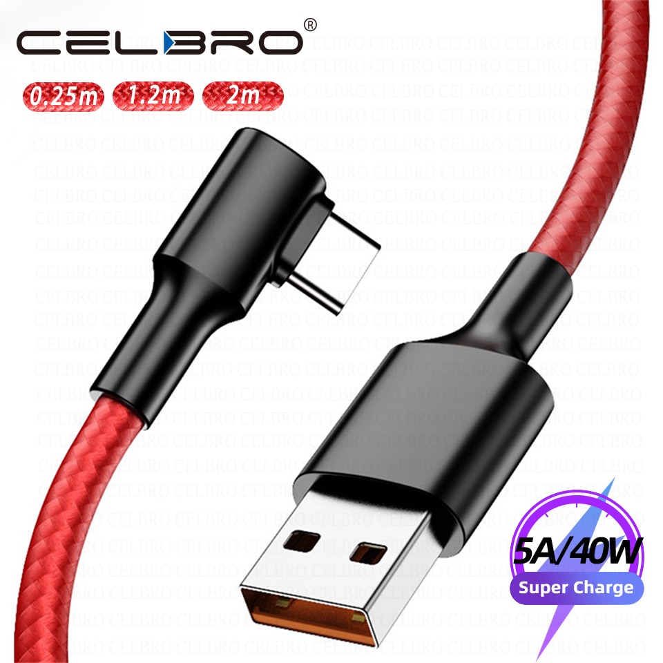 Câble USB de charge rapide QC 3,0 avec 90 degrés de 2 m, pour Samsung Xiaomi Poco X3 Redmi Note 9 Pro Oneplus 8, type c de 0.25m et 1.2 m, 5A,