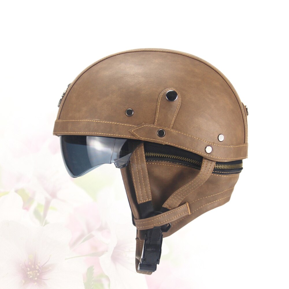1PC Helmet Practical Durable Safety Retro PU Leather Motorcycle Protective Cap for Cycling Outdoor: Light Brown
