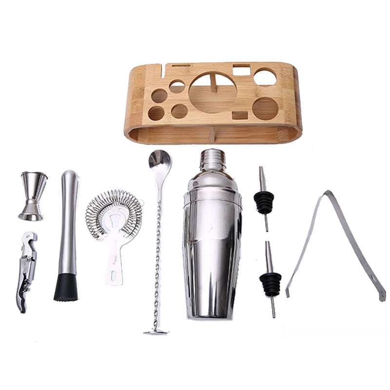 Halkfritt bartenderkit barverktyg vinblandare snygg bambuställning multifunktions rostfritt stål 9 st/set silver köksprylar