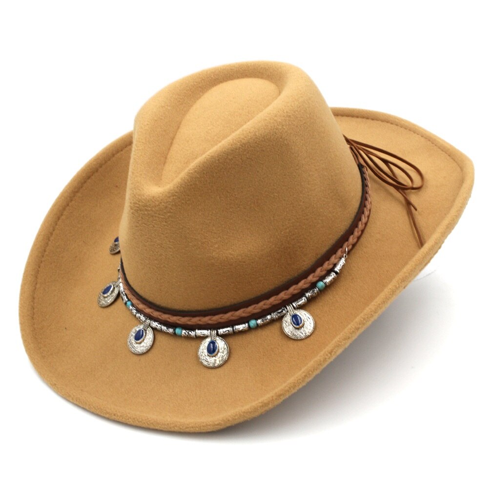 Munng Unisex Retro Western Equestrian Cowboy Hat Cattleman Riding Upturn Wide Brim Cowgirl Cap Beading Braided Hatband: Khaki