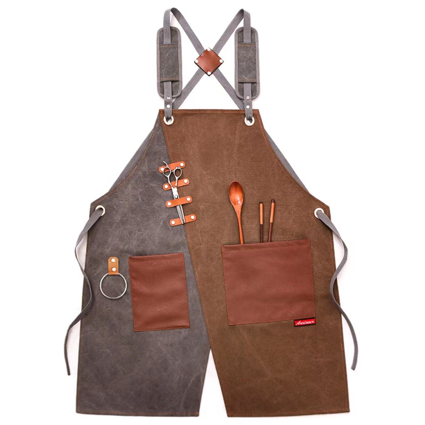 Canvas Chef Apron Cross Back with Pockets for Women Men Adjustable Strap And Large Pockets ApronKitchen Cooking Baking Bib: Gray and yellow